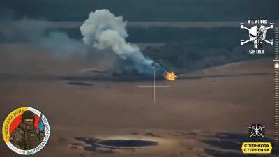 Russian soldiers arrived in an armored vehicle to retrieve a BTR that got stuck, but are attacked by a Ukrainian FPV drone; both vehicles end up being destroyed (Near Kremyanoe, Kursk region October 2024)