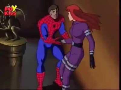 Spiderman throws woman off of a building