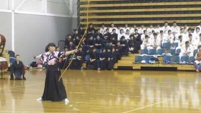 The sound of an arrow being released from bow during a Kyudo (Japanese archery) demonstration. Nippon Sports Science University perform at Albert Park Sports Stadium, Melbourne on 13 February 2010.