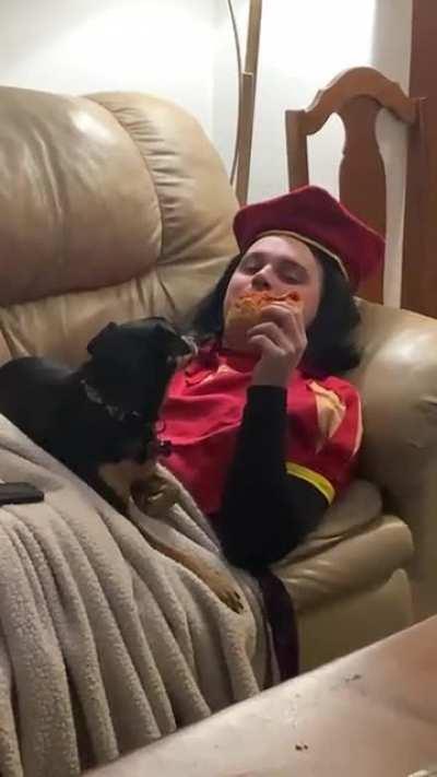 Eating pizza next to a dog in a Halloween house party