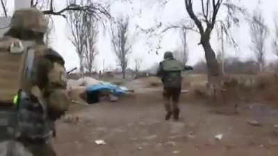 A Ukrainian BMP 2 takes a direct hit and explodes during a heavy firefight between Ukrainian forces and pro-Russian separatists in the village of Pesky.