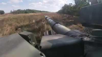 Ukrainian T-64 operating against Russian positions with the 125 mm smoothbore gun. Location not mentioned. June 2024