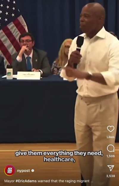 Mayor Eric Adams escalates his rhetoric on the migrant crisis at a town hall meeting - “110,000. We have to feed them, educate their children, wash their laundry sheets….this will destroy NYC”