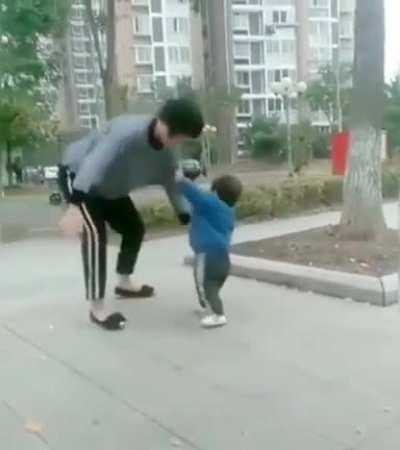 Super grandma saving kid from a small fall