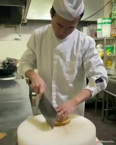 Slicing potato into net