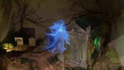 Graveyard diorama with flying ghosts (live effect, in-camera)