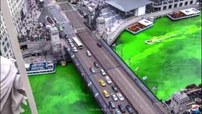 Dyeing The Chicago River Green For St. Patricks Day.