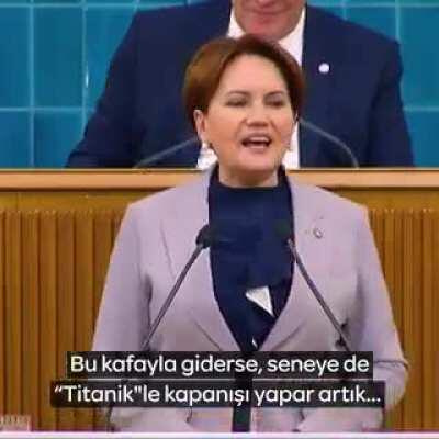 Meral Akşener ; Geçen yıl &quot;Berat Harikalar Diyarında&quot; filmini izlemiştik. Bu kafayla giderse, seneye de &quot;Titanik&quot;le kapanışı yapar artık. Karikatür karakterlerine ekonomi teslim ederseniz olacağı da budur!