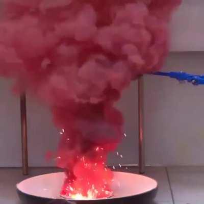 The chemical reaction between iodine pentoxide and very fine iron powder. Both are mixed and ignited. During the reaction, Iron is oxidized to form iron oxide and iodine pentoxide is reduced to elemental iodine. 3I2O5 + 10Fe -> 3I2 + 5Fe2O3 ( @reaction