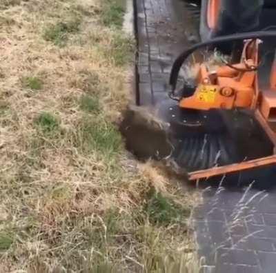 Sweeper with steel bristles Trimming overgrown grass from the curb