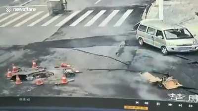 City workers in China accidentally ignite sewer vapors.