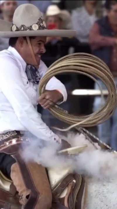 The way this rope glides and smokes through this cowboy's hand when he lassos a cow