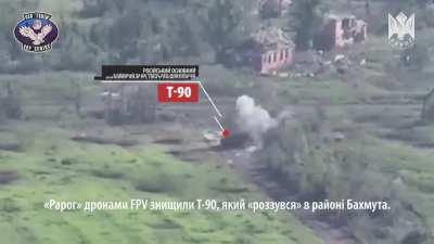 A Ukrainian FPV quad pilot attacks a Russian T-90 tank near Bakhmut