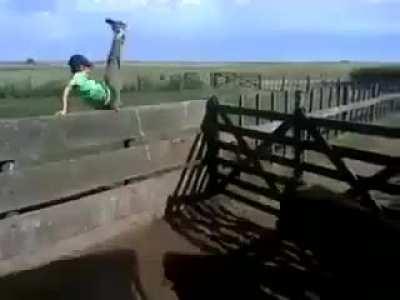 Kid attempts to kick cow....