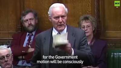 Tony Benn suffering advanced Lukemia, furiously defends Iraqi civilians in the house of commons, 1988.