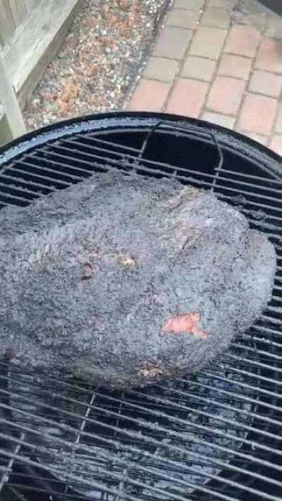 Slap that Brisket! Make it jiggle! 13 hrs at 225-250.