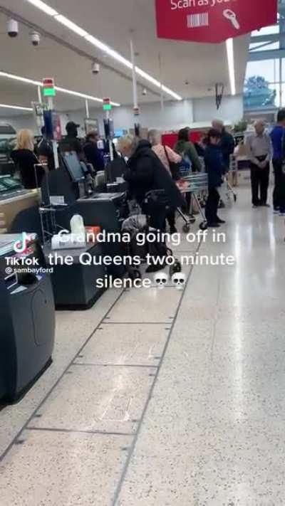 Grandma has no time for 2 minute silence for the Queen at supermarket