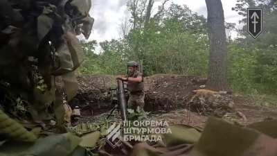 Ukrainian mortar crew of the 1st Assault Battalion of the 3rd Assault Brigade received the coordinates of the enemy, loaded and quickly fired at the Russian infantry in the Kharkiv region. September 2024.