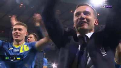 Zinchenko, the rest of the Ukraine players and coach Andriy Shevchenko all gathered to celebrate with the Ukraine fans in the stand by doing the slow hand clap