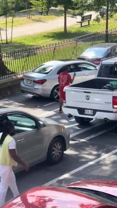 Guy smashes the back window of a truck because the lady that rear-ended him refused to give him her insurance information 