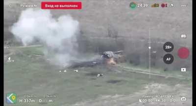 Russian drone operator hit a decoy of a Ukrainian self propelled howitzer. Kherson region (March 2024)