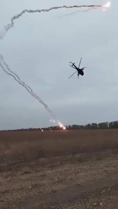 Ukrainian Military Helicopters firing at Russian Positions 