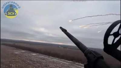 Helicopters from the 12th Army Aviation Brigade firing at Russian positions somewhere on the front line, February 2024