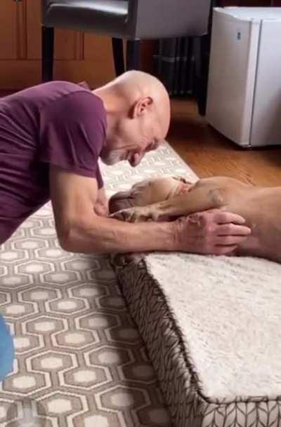 Sir Patrick Stewart soothing new foster pup to sleep.