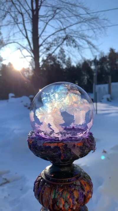 Ice crystals forming on a bubble as it freezes