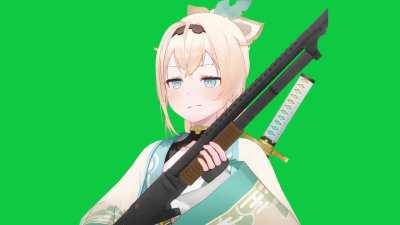 Iroha pumping a shotgun with green screen