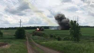 A pair BM-27 &quot;Hurricane&quot; 220mm of the Ukrainian Rocket Forces firing at Russian targets. Archival footage, date not mentioned.