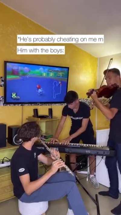 Just 3 guys playing Mario Kart, but on instruments