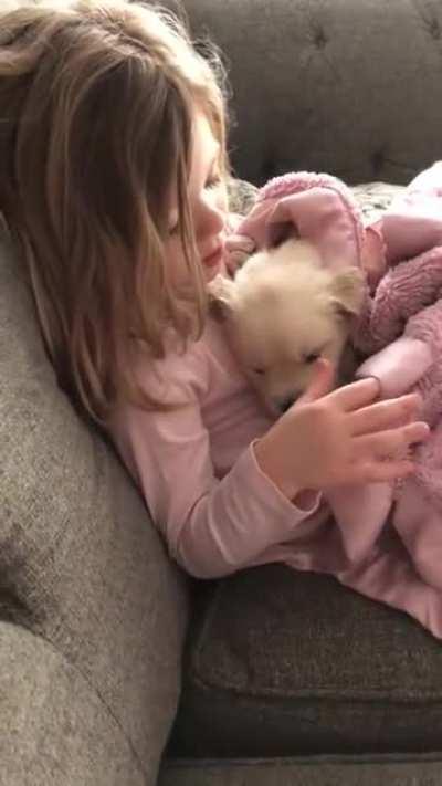 Little girl helping the little pupper to get a goodnight sleep.