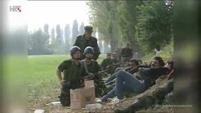 Croatian Soldiers in fight for a Yugoslav People‘s Army barracks during the Battle of the Barracks, Croatian War of Independence (1991)