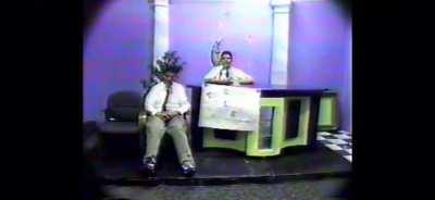 Public Access public freakout. After I insulted the high school’s A/V equipment, our teacher busts in live on the air to scream at us. “The Early Late Show.” 1999.