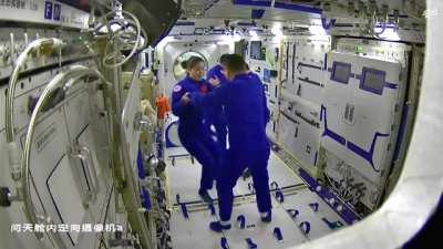 First ever crewed handover on the now complete Chinese space station.