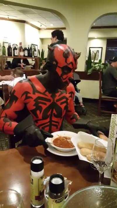 Darth Maul eating soup at Olive Garden