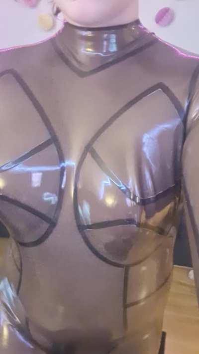 Trying on my new semi-transparent latex catsuit!