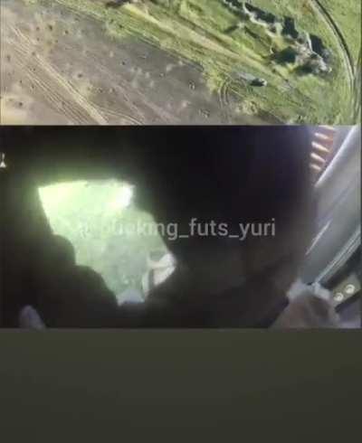 Ukrainian HMMWV hitting AT mine. 3 separate views synchronized. Drone, Gunner POV and 2nd hmmwv.