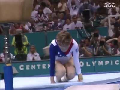 Kerri Strug wins her team their first ever gold right after an ankle injury. Atlanta Olympics 1996