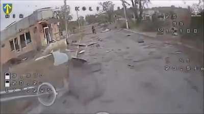 Ukrainian kamikaze drone hits a Russian soldier on a motorcycle in Vovchansk. October 2024 (at 50.30075, 36.93320)