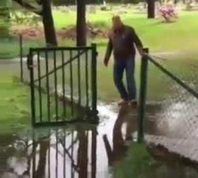 Smart guy avoid the puddle