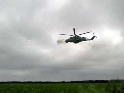 Two Ukrainian Mi-24 helicopters firing at an enemy column preparing to attack Savur-Mohyla, Donetsk Oblast. 16th Separate Army Aviation Brigade. (2014)