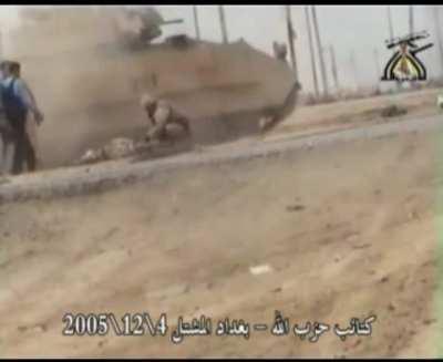 American Invasion of Iraq: Video shows a ied blowing up next to a us humvee. A soldier falls out of the damaged vehicle [2005, Iraq]