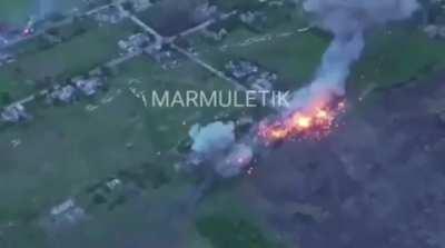 UA Kamikaze Drone View Of A Russian Turtle Tank Suffering A Catastrophic Cook Off.