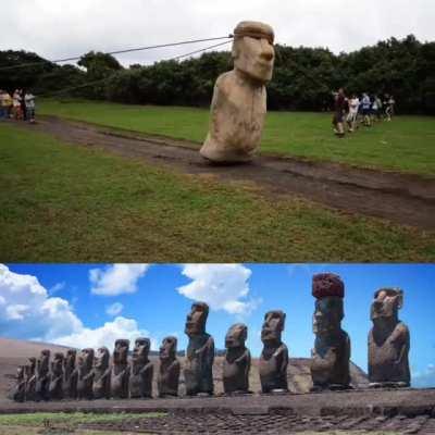 This is a 5-ton, 10 feet tall Moai replica. Some historians believe the statues were moved from one side of Easter Island to the other. Archaeologists led various experiments to test their theory about how the ancient Easter Island statues moved. Three te