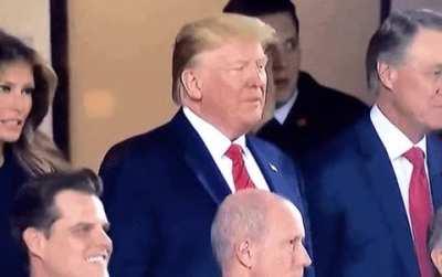 Trump slowly realising that the crowd is booing him