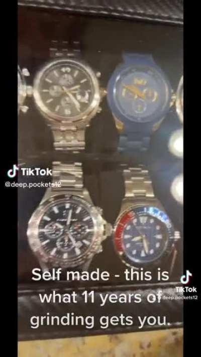 Imagine working 11 years just to flex on TikTok with 10K of your savings, a box of cheap watches and your collection of weed wax lmfao.