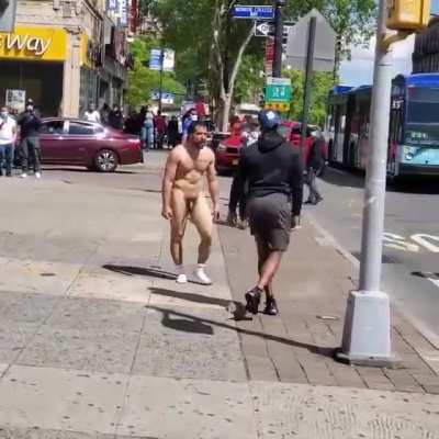 Nude man fighting in the streets, keeps coming back like the Terminator