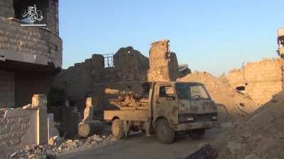 Al-Rahman Legion &quot;Omar Cannon&quot; mounted to a flatbed &amp;amp; used to engage SAA positions - Damascus - 2016